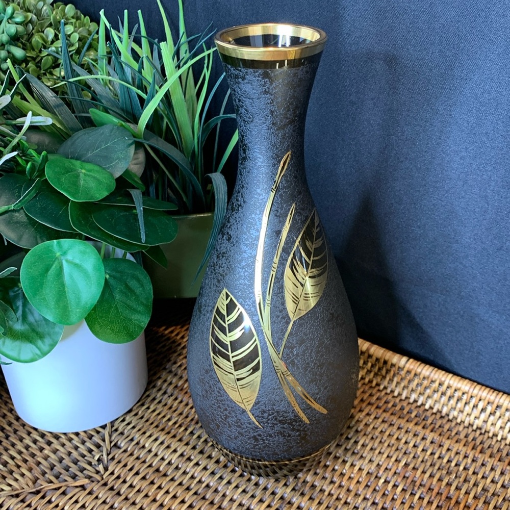 Vintage MCM tawny smokey brown textured glass vase with gold leaf pattern